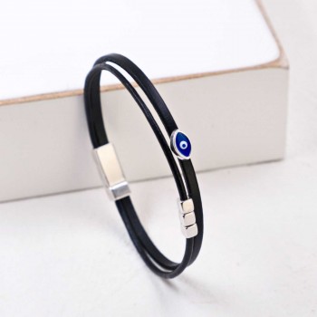 Δερμάτινο Ανδρικό Βραχιόλι | Μεταλλικό Επάργυρο Μάτι από Σμάλτο