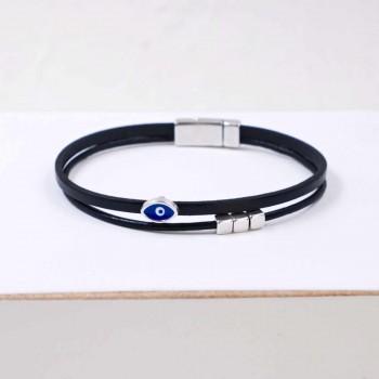 Δερμάτινο Ανδρικό Βραχιόλι | Μεταλλικό Επάργυρο Μάτι από Σμάλτο