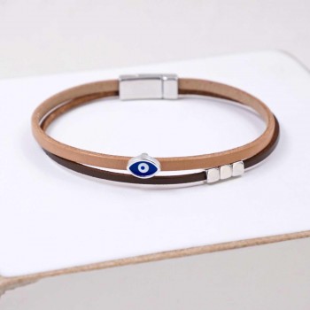 Δερμάτινο Ανδρικό Βραχιόλι | Μεταλλικό Επάργυρο Μάτι από Σμάλτο