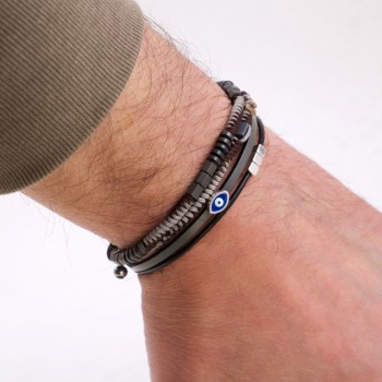 Δερμάτινο Ανδρικό Βραχιόλι | Μεταλλικό Επάργυρο Μάτι από Σμάλτο