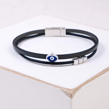 Δερμάτινο Ανδρικό Βραχιόλι | Μεταλλικό Επάργυρο Μάτι από Σμάλτο