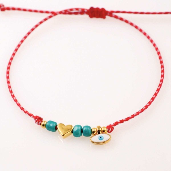 Women’s Martaki Bracelet with Evil Eye & Metal Heart | Handmade Women’s Martaki Bracelet with Eye & Metal Heart | Handmade