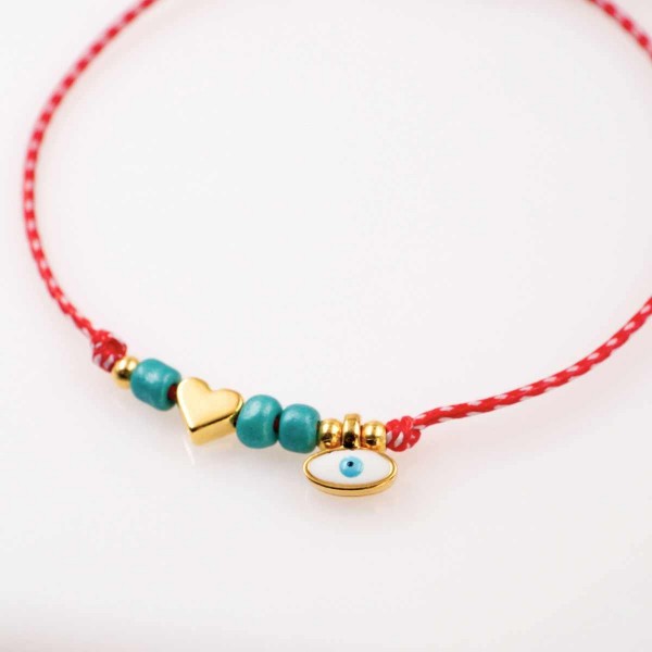 Women’s Martaki Bracelet with Evil Eye & Metal Heart | Handmade Women’s Martaki Bracelet with Eye & Metal Heart | Handmade