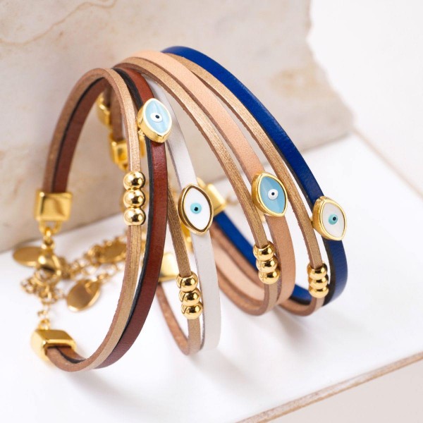 Set of 4 Handcrafted Leather Bracelets with Gold-Plated Evil Eye | Made in Greece Set of 4 Handcrafted Leather Bracelets with Gold-Plated Enamel Evil Eye