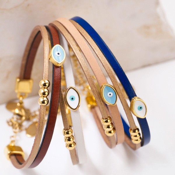 Set of 4 Handcrafted Leather Bracelets with Gold-Plated Evil Eye | Made in Greece Set of 4 Handcrafted Leather Bracelets with Gold-Plated Enamel Evil Eye
