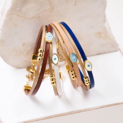 Set of 4 Handcrafted Leather Bracelets with Gold-Plated Evil Eye | Made in Greece Set of 4 Handcrafted Leather Bracelets with Gold-Plated Enamel Evil Eye