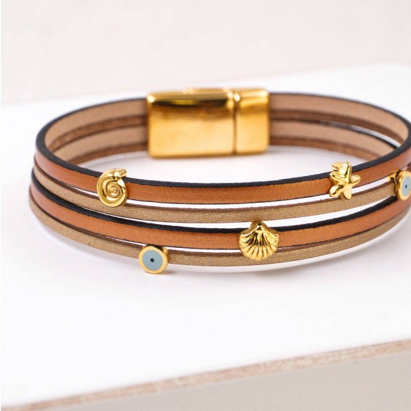 Handmade Leather Bracelet with Sea Elements & Evil Eye Charms Handmade Leather Bracelet with Sea Elements & Evil Eye Charms