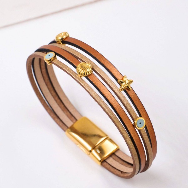 Handmade Leather Bracelet with Sea Elements & Evil Eye Charms Handmade Leather Bracelet with Sea Elements & Evil Eye Charms