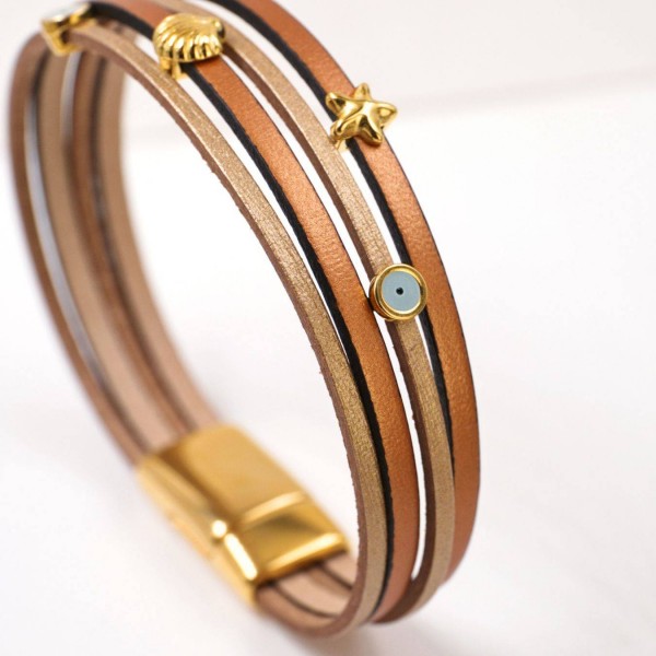 Handmade Leather Bracelet with Sea Elements & Evil Eye Charms Handmade Leather Bracelet with Sea Elements & Evil Eye Charms