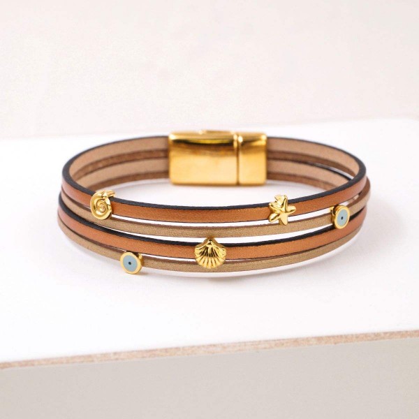 Handmade Leather Bracelet with Sea Elements & Evil Eye Charms Handmade Leather Bracelet with Sea Elements & Evil Eye Charms
