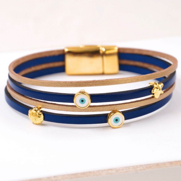 Handmade Leather Bracelet with Sea Elements & Evil Eye Charms Handmade Leather Bracelet with Sea Elements & Evil Eye Charms