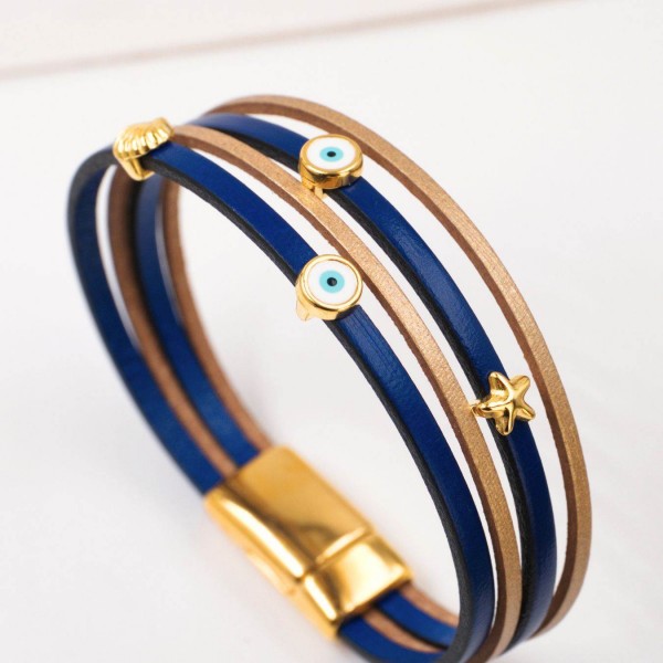 Handmade Leather Bracelet with Sea Elements & Evil Eye Charms Handmade Leather Bracelet with Sea Elements & Evil Eye Charms
