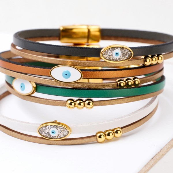 Set of 4 Handcrafted Leather Bracelets with Gold-Plated Evil Eye | Made in Greece Set of 4 Handcrafted Leather Bracelets with Gold-Plated Enamel Evil Eye