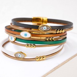 Set of 4 Handcrafted Leather Bracelets with Gold-Plated Evil Eye | Made in Greece Set of 4 Handcrafted Leather Bracelets with Gold-Plated Enamel Evil Eye