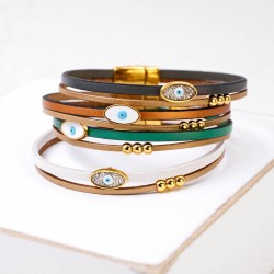 Set of 4 Handcrafted Leather Bracelets with Gold-Plated Evil Eye | Made in Greece Set of 4 Handcrafted Leather Bracelets with Gold-Plated Enamel Evil Eye