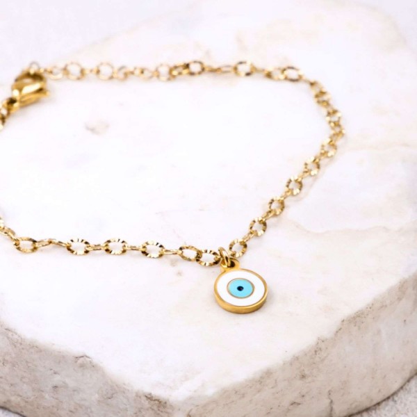 Stainless Steel Jewelry: Επίχρυσο Βραχιόλι - Μάτι από Σμάλτο Επίχρυσο βραχιόλι αλυσίδα από ανοξείδωτο ατσάλι με μεταλλικό μάτι από σμάλτο