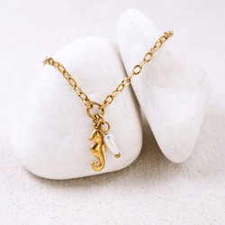 Stainless Steel Jewelry: Επίχρυσο Βραχιόλι - Μεταλλικός Ιππόκαμπος Επίχρυσο βραχιόλι αλυσίδα από ανοξείδωτο ατσάλι με ιππόκαμπο και καλλιεργημένο μαργαριτάρι