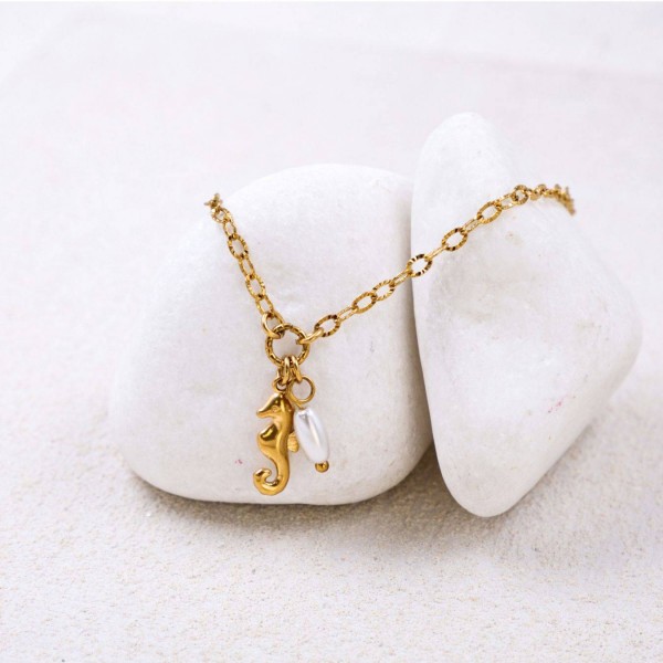 Stainless Steel Jewelry: Επίχρυσο Βραχιόλι - Μεταλλικός Ιππόκαμπος Επίχρυσο βραχιόλι αλυσίδα από ανοξείδωτο ατσάλι με ιππόκαμπο και καλλιεργημένο μαργαριτάρι