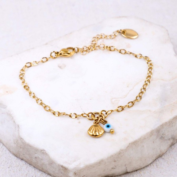 Stainless Steel Jewelry: Επίχρυσο Βραχιόλι - Κοχύλι & Ματάκι Επίχρυσο βραχιόλι αλυσίδα από ανοξείδωτο ατσάλι με κοχύλι και ματάκι