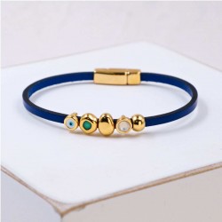 Evil Eye & Crystals Leather Bracelet | Handmade Handmade leather bracelet with gold-plated enamelled evil eye