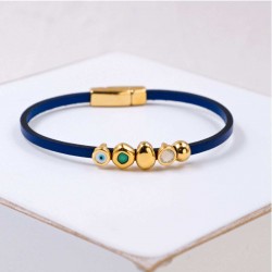 Evil Eye & Crystals Leather Bracelet | Handmade Handmade leather bracelet with gold-plated enamelled evil eye