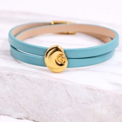 Double-wrapped Leather Bracelet | Golden Sea Shell Leather bracelet with gold-plated metal sea shell and magnetic clasp