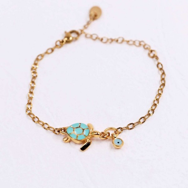 Chain Bracelet: Sea Turtle & Evil Eye Chain bracelet with metal sea turtle and evil eye of enamel