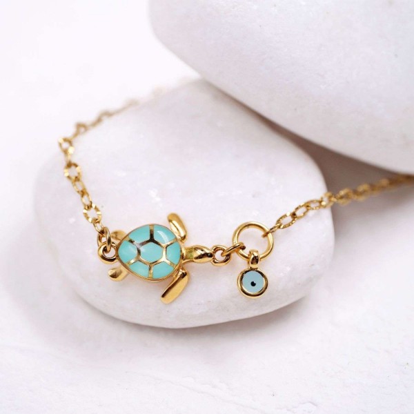 Chain Bracelet: Sea Turtle & Evil Eye Chain bracelet with metal sea turtle and evil eye of enamel