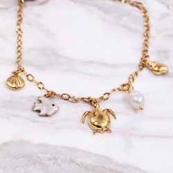 Stainless Steel Jewelry: Καλοκαιρινό Βραχιόλι με Χελώνα & Καλλιεργημένο Μαργαριτάρι Επίχρυσο βραχιόλι από ανοξείδωτο ατσάλι με θαλασσινά στοιχεία και καλλιεργημένο μαργαριτάρι