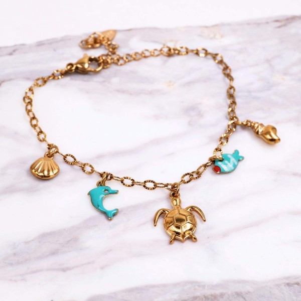 Stainless Steel Jewelry: Καλοκαιρινό Βραχιόλι με Χελώνα & Καλλιεργημένο Μαργαριτάρι Επίχρυσο βραχιόλι από ανοξείδωτο ατσάλι με θαλασσινά στοιχεία και καλλιεργημένο μαργαριτάρι