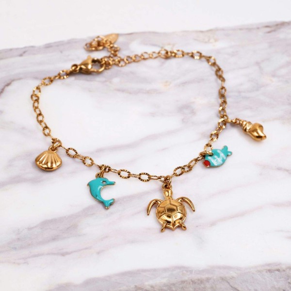 Stainless Steel Jewelry: Καλοκαιρινό Βραχιόλι με Χελώνα & Καλλιεργημένο Μαργαριτάρι Επίχρυσο βραχιόλι από ανοξείδωτο ατσάλι με θαλασσινά στοιχεία και καλλιεργημένο μαργαριτάρι