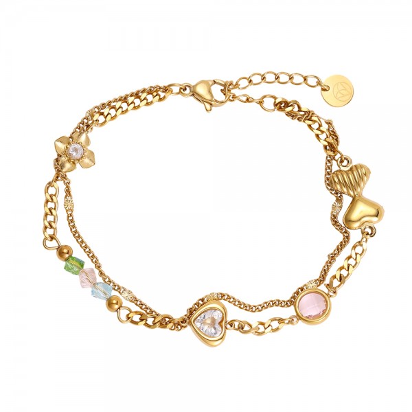 Stainless Steel Jewelry: Βραχιόλι Αλυσίδα Hearts & Zircon Επίχρυσο βραχιόλι αλυσίδα από ανοξείδωτο ατσάλι με μεταλλικές καρδιές και ζιργκόν