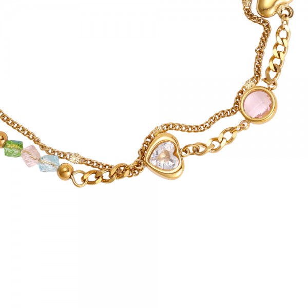 Stainless Steel Jewelry: Βραχιόλι Αλυσίδα Hearts & Zircon Επίχρυσο βραχιόλι αλυσίδα από ανοξείδωτο ατσάλι με μεταλλικές καρδιές και ζιργκόν