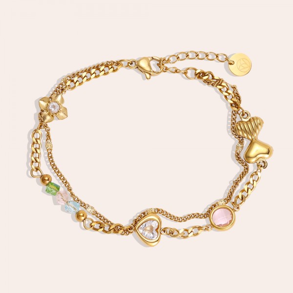 Stainless Steel Jewelry: Βραχιόλι Αλυσίδα Hearts & Zircon Επίχρυσο βραχιόλι αλυσίδα από ανοξείδωτο ατσάλι με μεταλλικές καρδιές και ζιργκόν