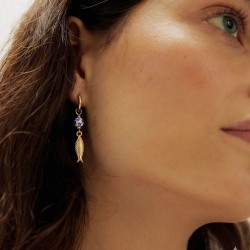 Gold-Plated Hoop Earrings with Fish Charm and Ceramic Stone Gold-Plated Hoop Earrings with Fish Charm and Ceramic Stone