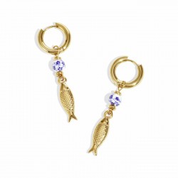 Gold-Plated Hoop Earrings with Fish Charm and Ceramic Stone Gold-Plated Hoop Earrings with Fish Charm and Ceramic Stone
