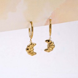 Gold-plated Stainless Steel Hoop Earrings - Croissant Stainless steel hoop earrings with 24K gold-plating and croissant-shaped charm