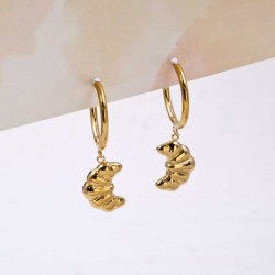 Gold-plated Stainless Steel Hoop Earrings - Croissant Stainless steel hoop earrings with 24K gold-plating and croissant-shaped charm