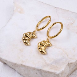 Gold-plated Stainless Steel Hoop Earrings - Croissant Stainless steel hoop earrings with 24K gold-plating and croissant-shaped charm
