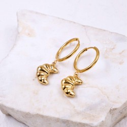 Gold-plated Stainless Steel Hoop Earrings - Croissant Stainless steel hoop earrings with 24K gold-plating and croissant-shaped charm
