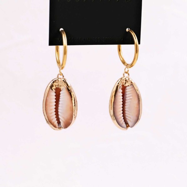 Stainless Steel Hoop Earrings | Cowrie Shell Charm Stainless steel hoop earrings with 24K gold-plating and Cowrie shell-shaped charm