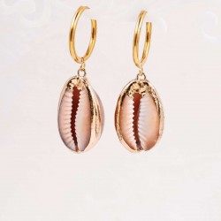 Stainless Steel Hoop Earrings | Cowrie Shell Charm Stainless steel hoop earrings with 24K gold-plating and Cowrie shell-shaped charm