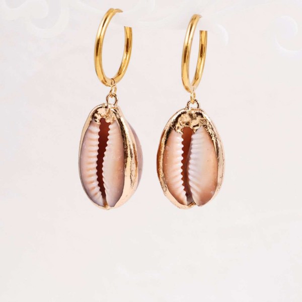 Stainless Steel Hoop Earrings | Cowrie Shell Charm Stainless steel hoop earrings with 24K gold-plating and Cowrie shell-shaped charm