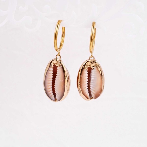 Stainless Steel Hoop Earrings | Cowrie Shell Charm Stainless steel hoop earrings with 24K gold-plating and Cowrie shell-shaped charm