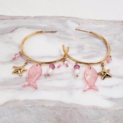 Sea Life Jewelry: Σκουλαρίκια Ανοξείδωτο Ατσάλι - Ψάρι Επίχρυσα σκουλαρίκια κρίκοι από ανοξείδωτο ατσάλι με ψάρι από φυσική πέτρα