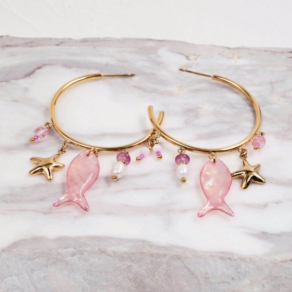 Sea Life Jewelry: Σκουλαρίκια Ανοξείδωτο Ατσάλι - Ψάρι Επίχρυσα σκουλαρίκια κρίκοι από ανοξείδωτο ατσάλι με ψάρι από φυσική πέτρα