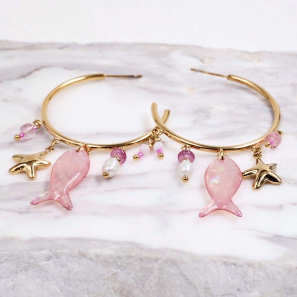 Sea Life Jewelry: Σκουλαρίκια Ανοξείδωτο Ατσάλι - Ψάρι Επίχρυσα σκουλαρίκια κρίκοι από ανοξείδωτο ατσάλι με ψάρι από φυσική πέτρα