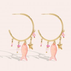 Sea Life Jewelry: Σκουλαρίκια Ανοξείδωτο Ατσάλι - Ψάρι Επίχρυσα σκουλαρίκια κρίκοι από ανοξείδωτο ατσάλι με ψάρι από φυσική πέτρα