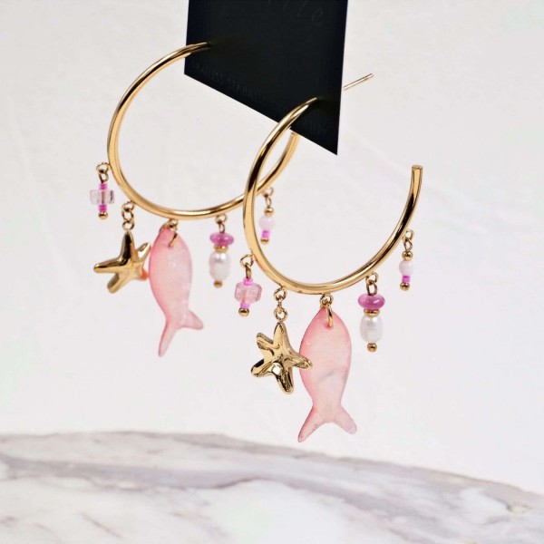 Sea Life Jewelry: Σκουλαρίκια Ανοξείδωτο Ατσάλι - Ψάρι Επίχρυσα σκουλαρίκια κρίκοι από ανοξείδωτο ατσάλι με ψάρι από φυσική πέτρα