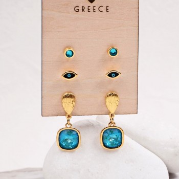Σετ 3 Επίχρυσα Σκουλαρίκια - Laguna Blue Κρύσταλλα & Σμάλτο